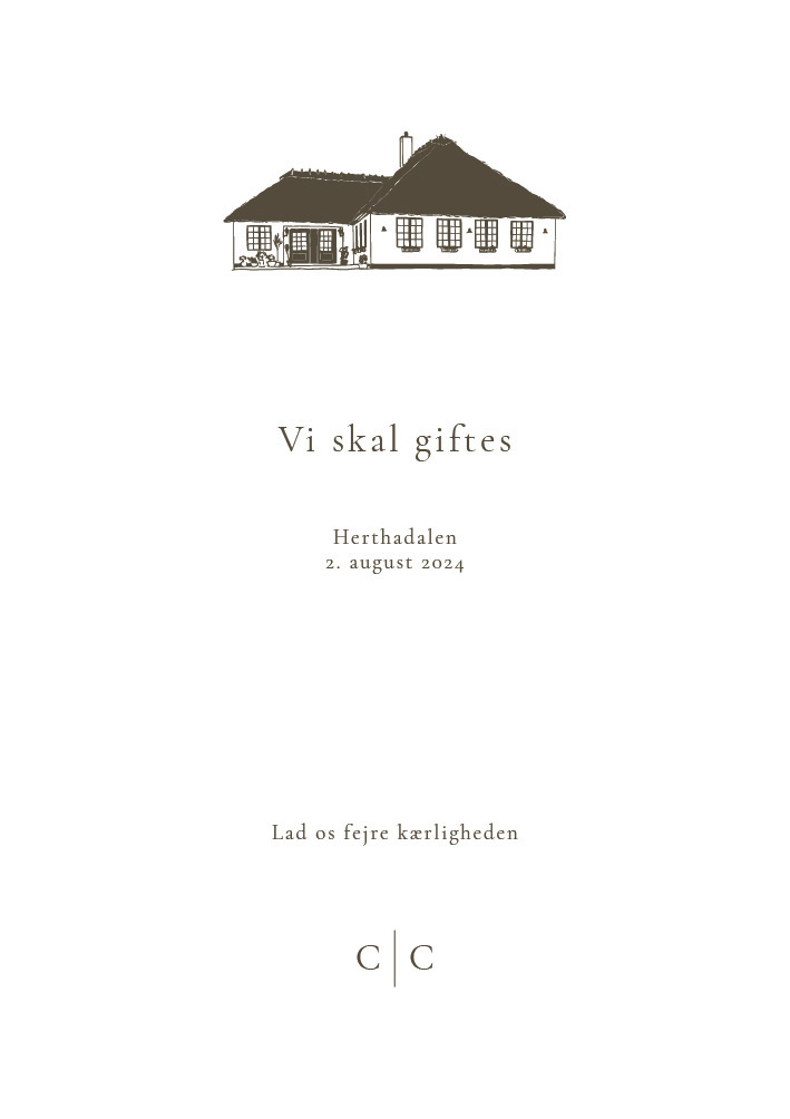 
                Skal I fejre jeres store dag på Herthadalen? Så er denne invitation perfekt. Illustrationen af Herthadalen samt skriften er i en skøn brun farve.  Til designet kommer også matchende elementer i form af velkomstskilt, salmehæfte, bordoversigt, menukort, bordkort, drinkskort, takkekort mm. således I kan skabe en rød tråd for dagen.                